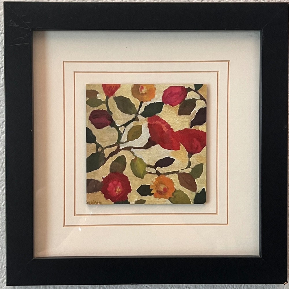 Kim Parker Signed Floral Oil Painting Print Framed Botanical Art 13x13